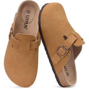 Women's Brown Genuine Suede Clogs Soft Footbed Leather Comfort Slip On Shoes
